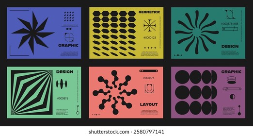 Geometric brutal y2k shape flyers and banners. Vector layouts, covers, posters or backgrounds with abstract surreal shapes in retro modern futuristic style. Minimalist templates with brutalism figures