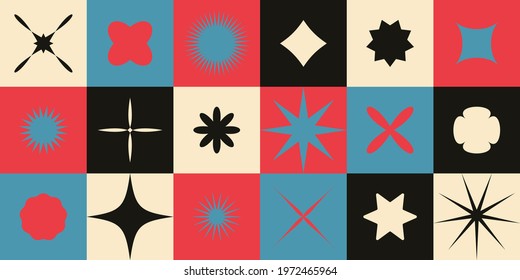 Geometric brutalism art pattern. Abstract simple bold forms, modern swiss bauhaus style, postmodern web vector background