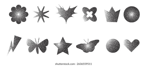 Geometric brutalism figures with grain noise gradient texture. Y2k retro stippling forms set. Butterfly, heart, crown and flower icons on white background. Vector gritty monochrome illustration.