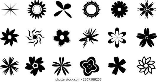 Geometric brutalism forms sticker. Y2k style graphic design. Star burst sticker vector set.