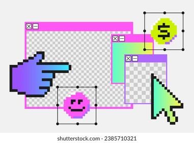 Geometrisches Brutalismus-UI. Y2k trendige Aufkleber. Pixels Elemente in der Stimmung der Ästhetik der 90er Jahre. 8-Bit-Retro-Stil-Illustration. Helle Farben. Hand, Münze, Cursor, Emoji, 