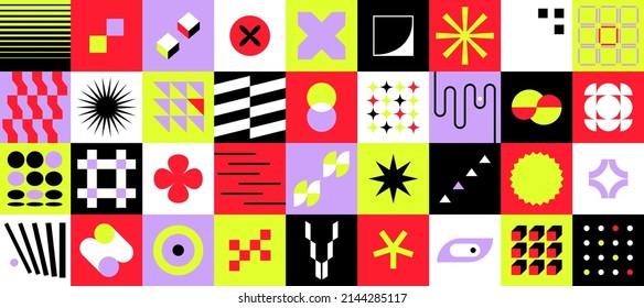 Geometric brutalist banner. Simple geometrical elements, swiss bauhaus bold forms. Minimal vector primitive geo figures