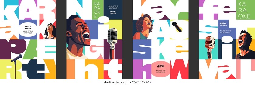 Geometric brutalist karaoke poster set. Bold modern design featuring microphones, singers and vibrant elements. Trendy visuals for concerts, music events and nightlife promotions colorful artwork