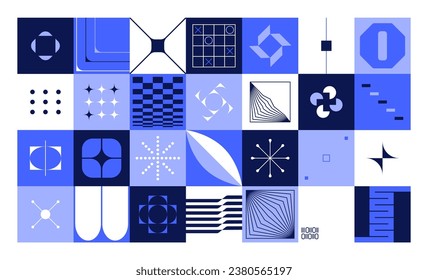 Geometric brutalist pattern. Abstract geometry shapes, minimal deconstructed simple figures for poster art, digital print, banner layout. Vector background