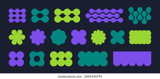 Geometric brutalist shapes. Abstract contemporary y2k figures, star, circle and flower shapes flat vector Illustration set. Bauhaus graphic elements
