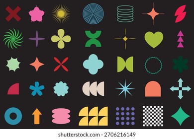 Geometric brutalist shapes, brutalism shapes vector design with black background