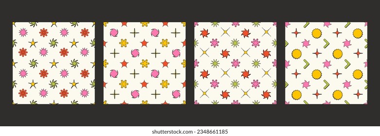 Geometric brutalist shapes seamless pattern set. Brutal figure in trendy Y2k style. Vector background