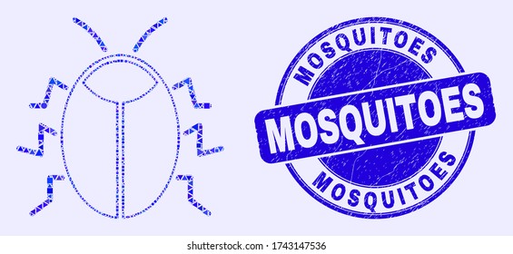 Geometric bug mosaic pictogram and Mosquitoes seal stamp. Blue vector rounded textured seal stamp with Mosquitoes text. Abstract mosaic of bug constructed of round, tringle, square geometric elements.