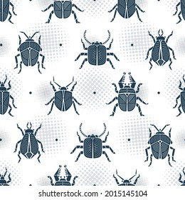 Geometric Bugs Halftone Retro Monochrome Seamless Pattern. Colorful Beetles Abstract Background. Vintage Wallpaper with Insects. Vector illustration