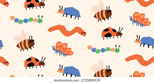 Bugs Geométricos e Padrão de Insetos com Lagartas, Abelhas, Joaninhas, Vermes e Borboletas. Design minimalista colorido em estilo infantil. Fundo de repetição contínuo divertido e bonito.