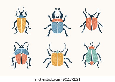 Geometric Bugs Vector Set. Colorful Abstract Beetles. Vintage  Insects Retro Colors