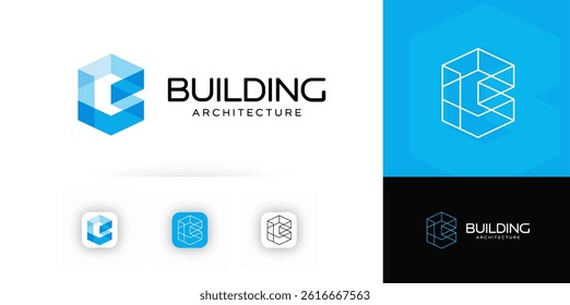 Geometric building architecture logo. Abstract 3D cube structure for construction company, real estate, architect branding, urban tech or engineering firm. Clean modern vector illustration.