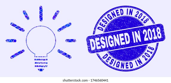 Geometric bulb light mosaic icon and Designed in 2018 seal stamp. Blue vector round textured seal stamp with Designed in 2018 phrase. Abstract composition of bulb light combined of circle, triangles,