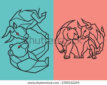 Geometric bull and bear market vector icons, minimalist stock market trading symbols, financial investment concept illustrations on teal and pink