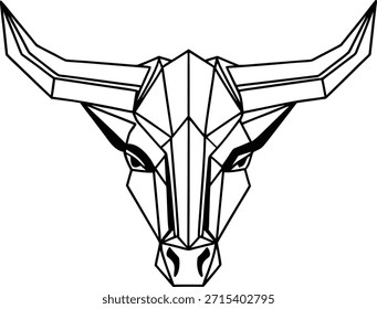 Logotipo de cabeça de touro geométrico com linhas afiadas e chifres sobre fundo branco Palavras-chave touro, cabeça, geométrico, abstrato, logotipo, animal, chifres, afiado.