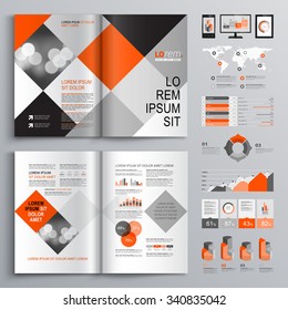 Geometric business brochure template design with red and gray square elements. Cover layout and infographics