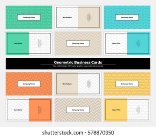 Geometric business cards with pattern background. Modern clean design geometry texture. Vector abstract branding kit with minimalistic seamless shapes for brand, presentation, web, print, package. 