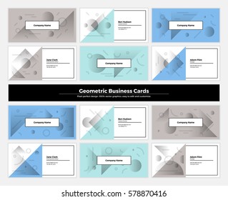 Geometric business cards with pattern background. Modern clean design geometry texture. Vector abstract branding kit with minimalistic seamless shapes for brand, presentation, web, print, package. 