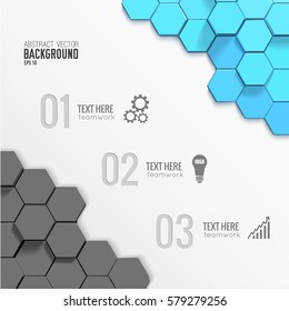 Geometric business infographic template with 3d gray blue hexagons three options gears bulb graph icons vector illustration
