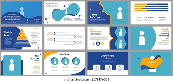 Geometric business presentation blue and yellow design elements, infographic template on white background, set. New technology. Use in flyers SEO-marketing, webinar, annual report, 