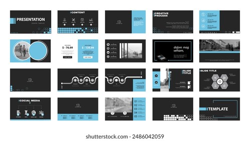 Geometric business presentation infographic templates, black and blue elements on black background. Use in flyers and SEO, powerpoint, webinar pages, design, annual report, website Vector illustration