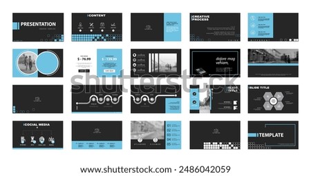 Geometric business presentation infographic templates, black and blue elements on black background. Use in flyers and SEO, powerpoint, webinar pages, design, annual report, website Vector illustration