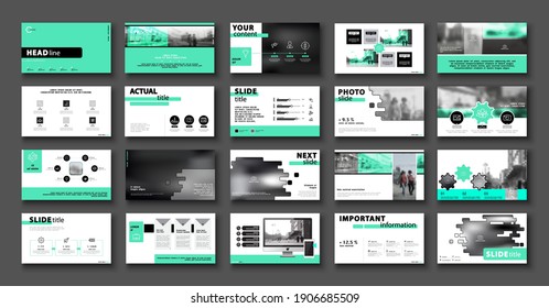 Geometric business presentation, PowerPoint, green design elements, infographic template on white background, set. New technology. Use in flyers SEO-marketing, webinar, annual report, computer, phone 