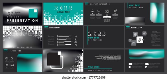 Geometric business presentation templates, green and black elements, pixel background. Use in flyers and SEO, marketing, webinar pages, website design, banner, annual report. Vector infographic