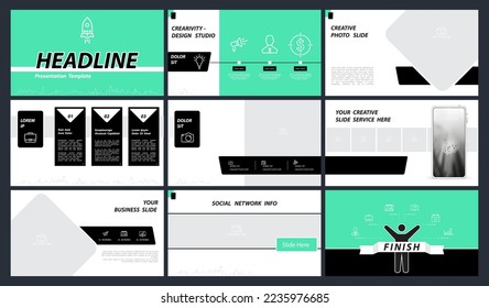 Plantillas de presentación de negocios geométricas, titular, elementos marrones y verdes sobre fondo blanco. Uso en folletos y SEO, marketing, páginas de seminarios web, diseño de sitios web, informe anual. Infografía vectorial