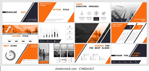 Geometric business presentation templates, Orange and black elements on white background. Use in flyers and SEO, marketing, webinar pages, website design, banners, annual report. Vector infographic