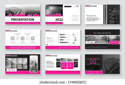 Geometric business presentation templates, pink and black elements on white background. Use in flyers and SEO, marketing, webinar pages, website design, banners, annual report. Vector infographic