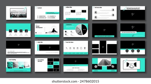 Geometric business presentation templates, turquoise and black elements on white background. Use in flyers and SEO powerpoint, webinar pages, design, banner, annual report, website, Vector infographic