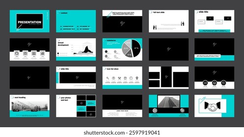 Geometric business presentation templates, turquoise and black elements on white background. Use in flyers and SEO powerpoint, webinar pages, design, banner, annual report, photo, Vector infographic