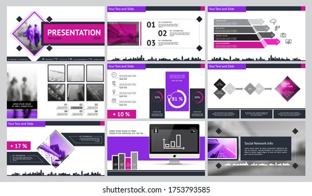 Geometrische Vorlagen für Geschäftspräsentationen, violette und schwarze Elemente auf weißem Hintergrund. Verwendung in Flyers und SEO, Marketing, Webinarseiten, Website-Design, Banner, Jahresbericht. Vektorgrafik-Infografik