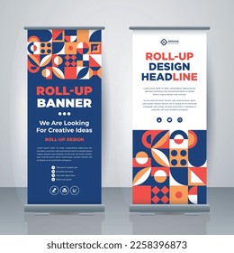 Geometric Business Roll Up. Standee Design. Banner Template. Presentation and Brochure. Geometric x-banner and flag-banner advertising. Vector illustration.
