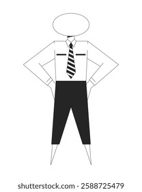 Geometric businessman with oval head and striped tie black and white 2D line character. Individuality. Businessperson figure isolated vector outline personage. Monochromatic spot illustration