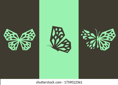 Diseño del logo de la mariposa geométrica SET con 3 variación en verde claro y gris. Elementos del logotipo de vectores para la marca de las empresas