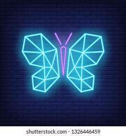 Geometric butterfly neon sign. Futuristic animal design. Night bright neon sign, colorful billboard, light banner. Vector illustration in neon style.