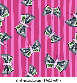 Geometric butterfly ornament seamless pattern. Random insect print with pink striped background. Perfect for fabric design, textile print, wrapping, cover. Vector illustration.