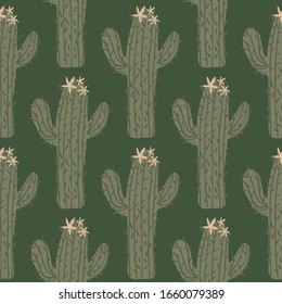 Geometric cacti wallpaper on dark background. Cactus seamless pattern in doodle style. Abstract botanical exotic backdrop. Design for fabric, textile print, wrapping paper. Modern vector illustration