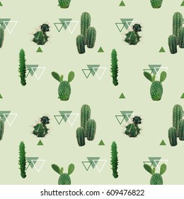 Geometric Cactus Plant Seamless Pattern. Exotic Tropical Summer Botanical Background in Vector.