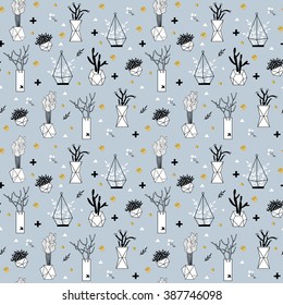 Geometric cactus and succulents on gray background. Vector set with succulents flowers, concrete pots and glass terrariums. Vector illustration. Seamless pattern.