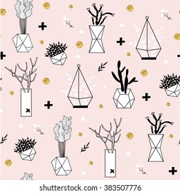 Geometric cactus and succulents on pink background. Vector set with succulents flowers, concrete pots and glass terrariums. Vector illustration. Seamless pattern.