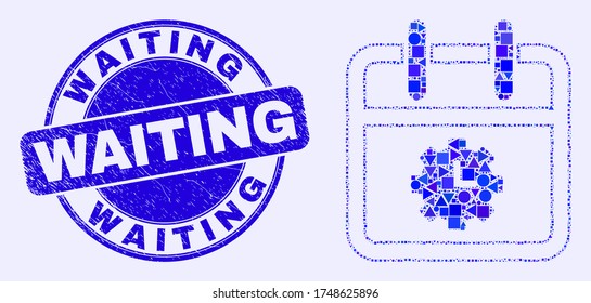 Geometric calendar time options mosaic icon and Waiting seal stamp. Blue vector round distress seal stamp with Waiting phrase. Abstract collage of calendar time options designed of spheric, tringle,