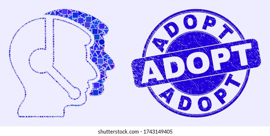 Geometric call service operators mosaic pictogram and Adopt seal. Blue vector round textured seal with Adopt text. Abstract collage of call service operators combined of round, triangles,