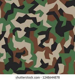 Geometric camo, seamless pattern. Abstract military or hunting camouflage background. Brown, green, black color. Vector illustration.