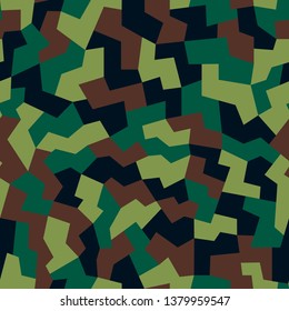 Geometric camo, seamless pattern. Abstract military or hunting camouflage background. Brown, green, black color.