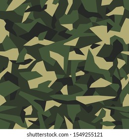 Geometric camo, seamless pattern. Abstract military or hunting camouflage background. Brown, green, black color. Vector illustration.