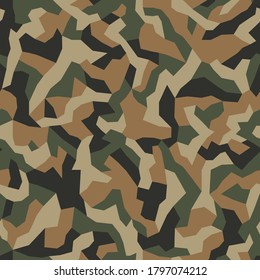 Geometric camo seamless pattern. Abstract military or hunting camouflage background. Brown, green color. Vector.