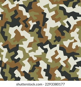 Geometric camo seamless pattern. Abstract military or hunting camouflage background. Khaki green color urban texture. Vector wallpaper